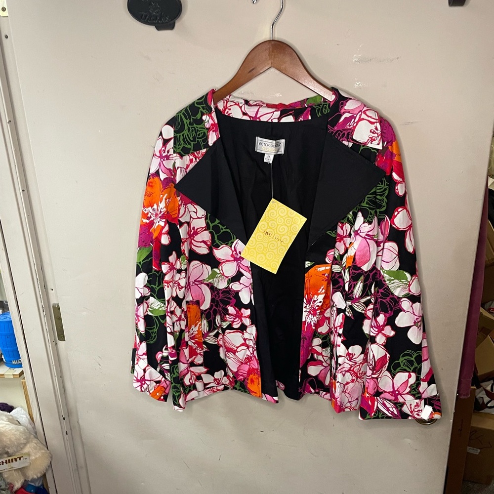 Victor Costa floral print, open cotton, plus size, 2X rolled cuff blazer